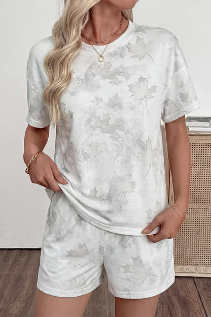 Leaf Print Two Piece Set Women Casual Tee Shorts