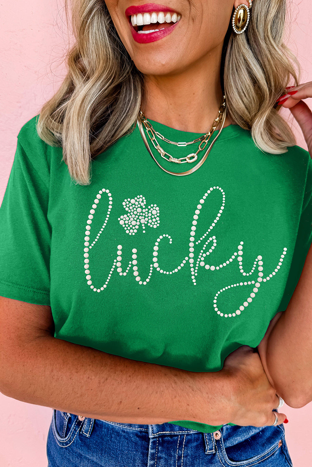 St. Patrick's Day Lucky Rhinestone Clover Graphic Tee