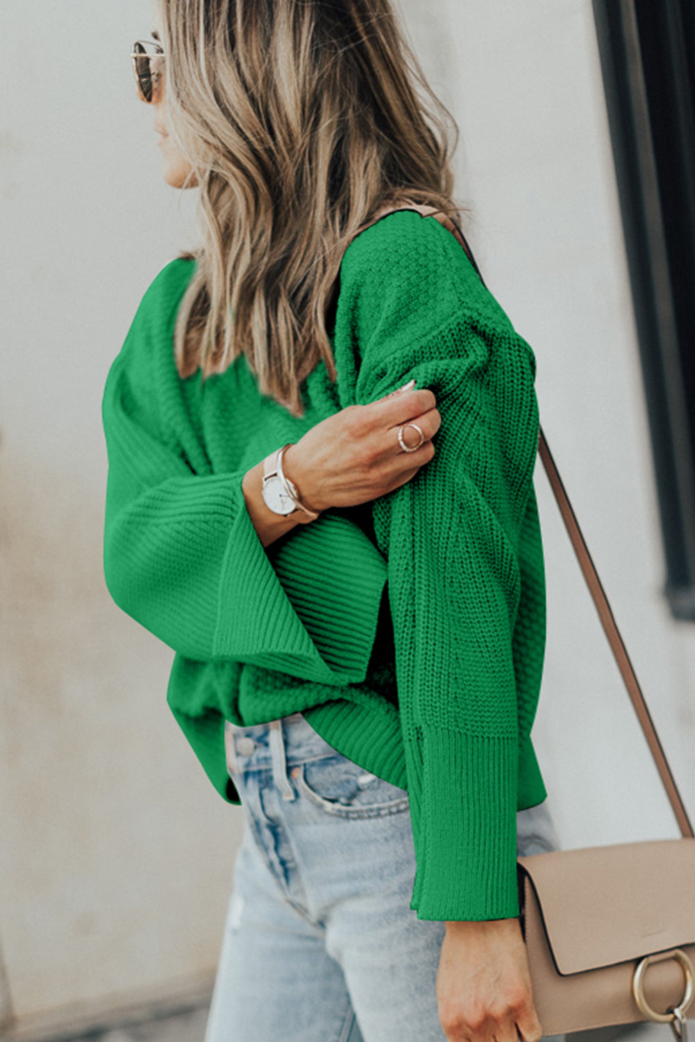 Green Textured Knit Drop Shoulder Split Cuff Oversized Sweater