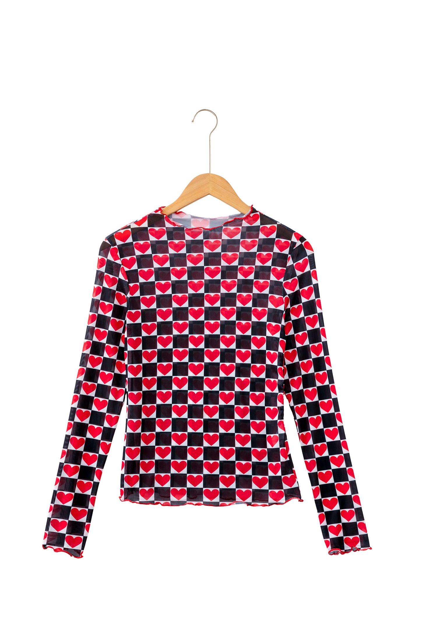 Rose Checkerboard Mesh Long Sleeve Fitted Top