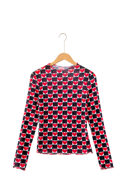 Rose Checkerboard Mesh Long Sleeve Fitted Top