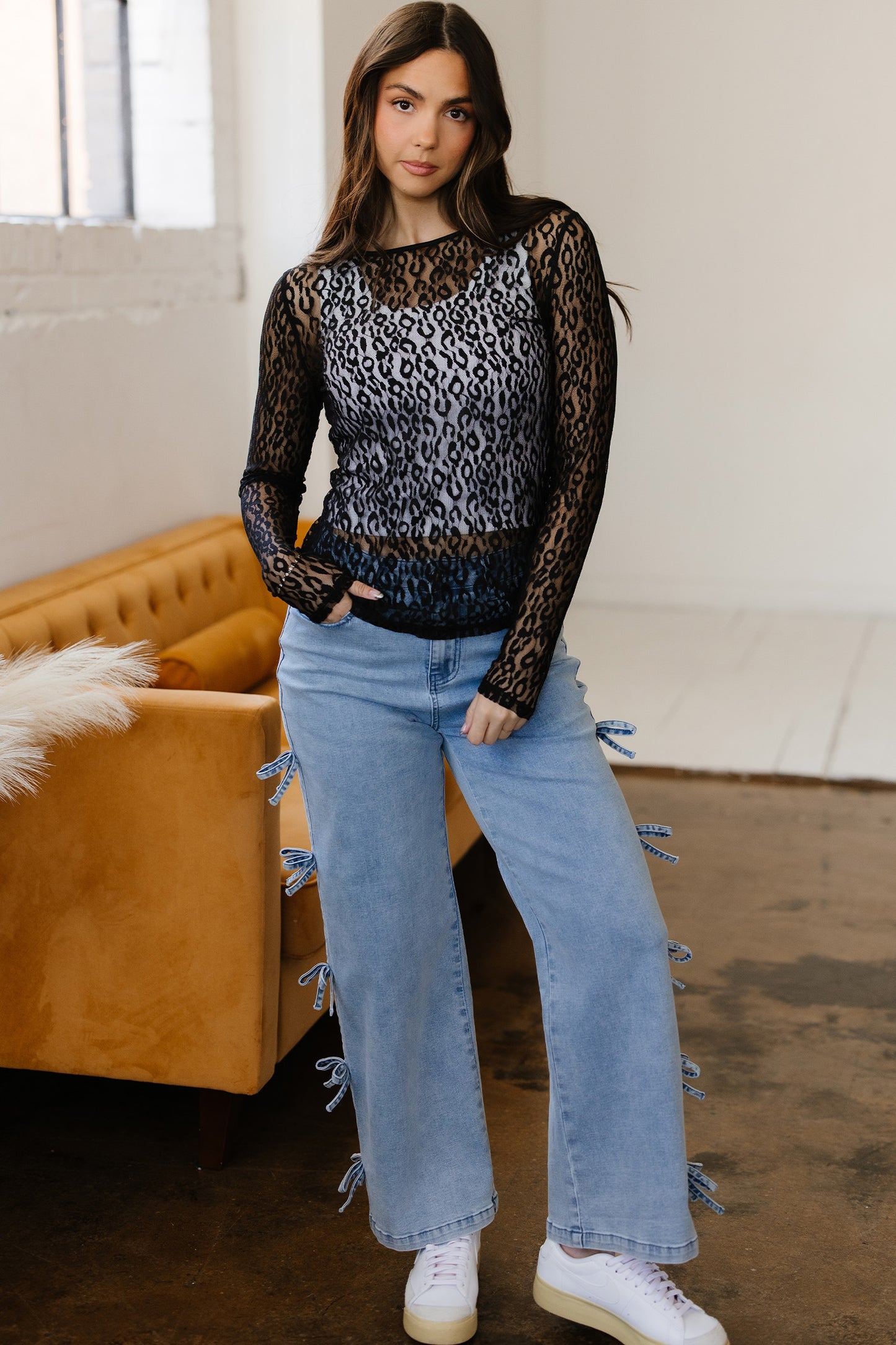 Leopard Mesh Long Sleeve Top Sheer Sexy Shirt Women