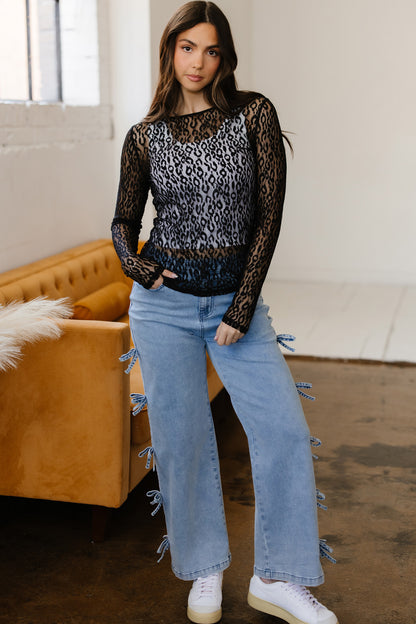 Leopard Mesh Long Sleeve Top Sheer Sexy Shirt Women