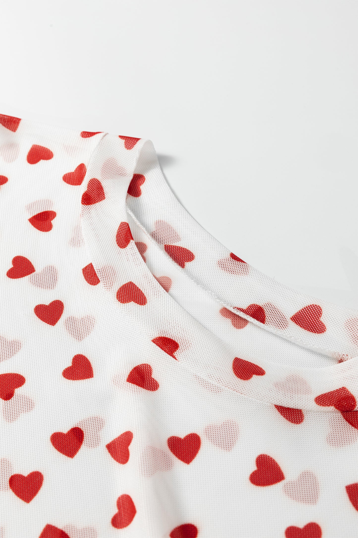 Racing Red Allover Heart Print Mesh Short Sleeve Top