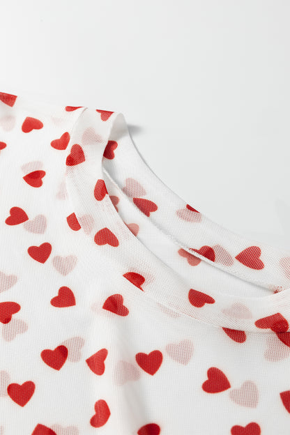 Racing Red Allover Heart Print Mesh Short Sleeve Top