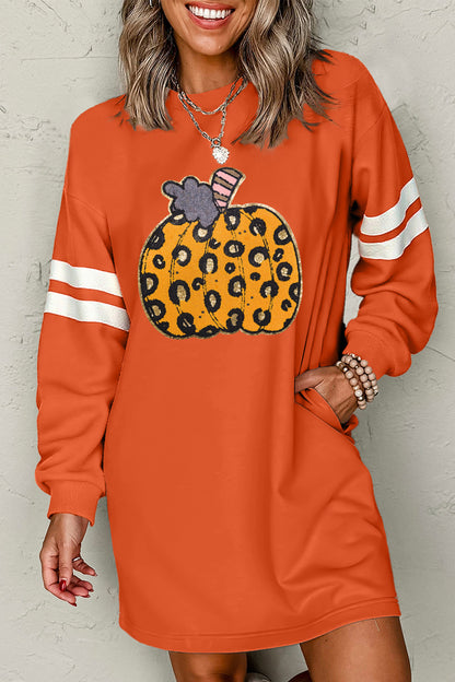 Leopard Pumpkin Graphic Varsity Stripe Sweatshirt Dress