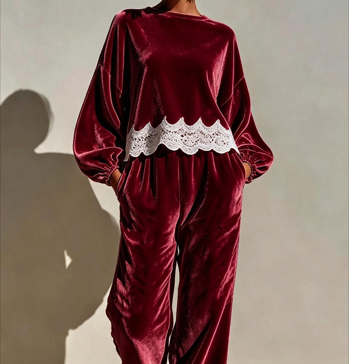 Velvet Lace Trim Balloon Sleeve Two Piece Lounge Set
