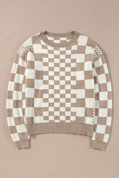 Brown Checkered Print Drop Shoulder Round Neck Sweater