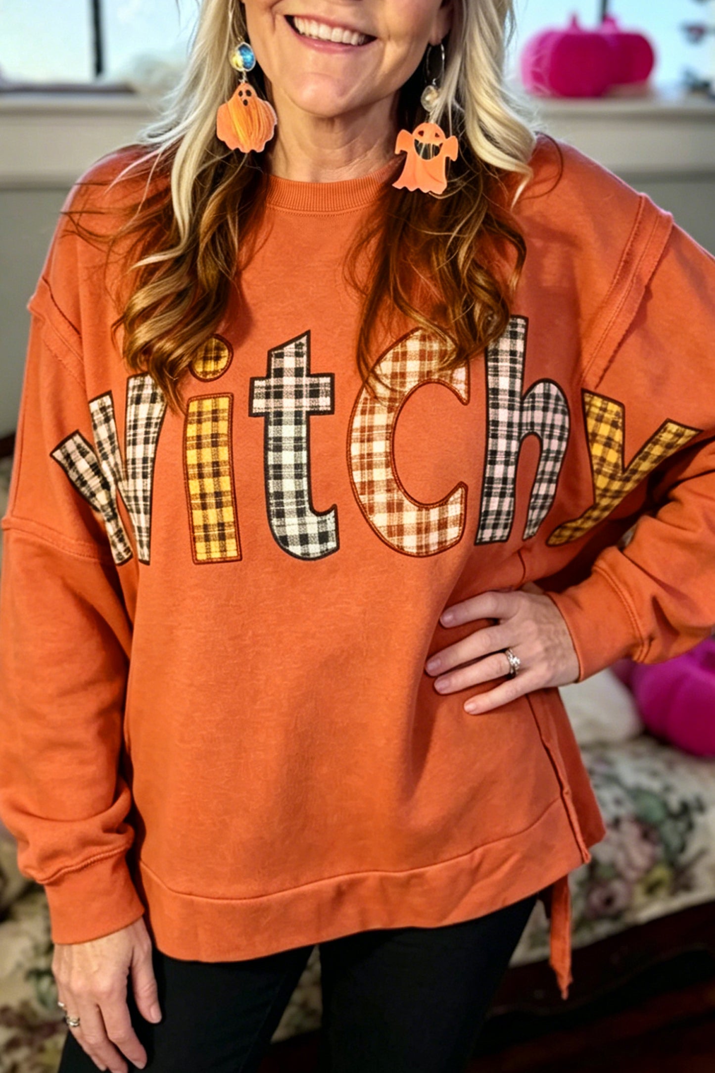 Flamingo Halloween Witchy Plaid Patch Sweatshirt