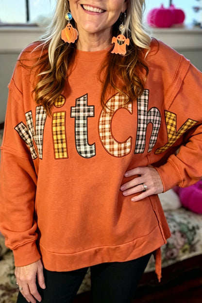 Flamingo Halloween Witchy Plaid Patch Sweatshirt