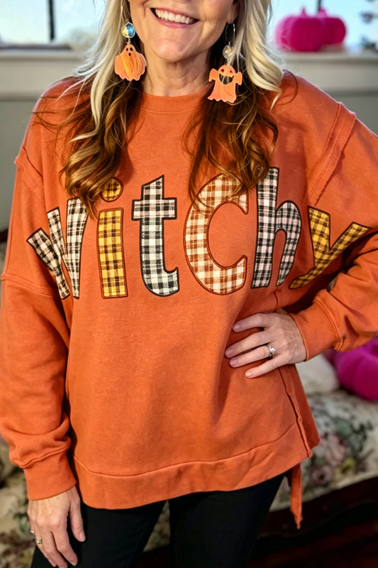 Flamingo Halloween Witchy Plaid Patch Sweatshirt