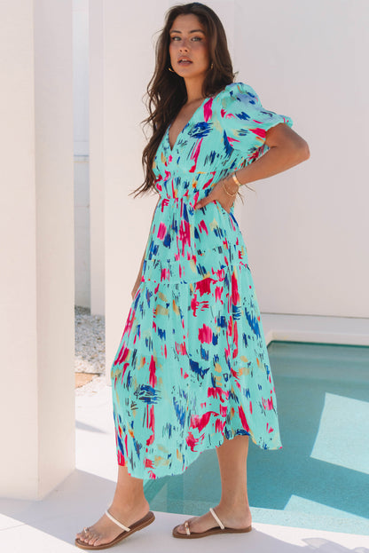 Abstract Print Puff Sleeve V Neck Tiered Maxi Dress