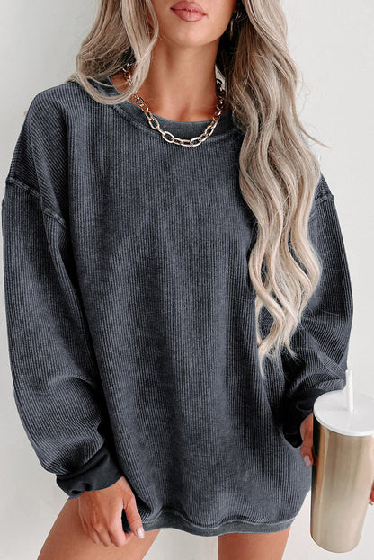 Customizable Solid Ribbed Knit Round Neck Casual PulloverSweatshirt