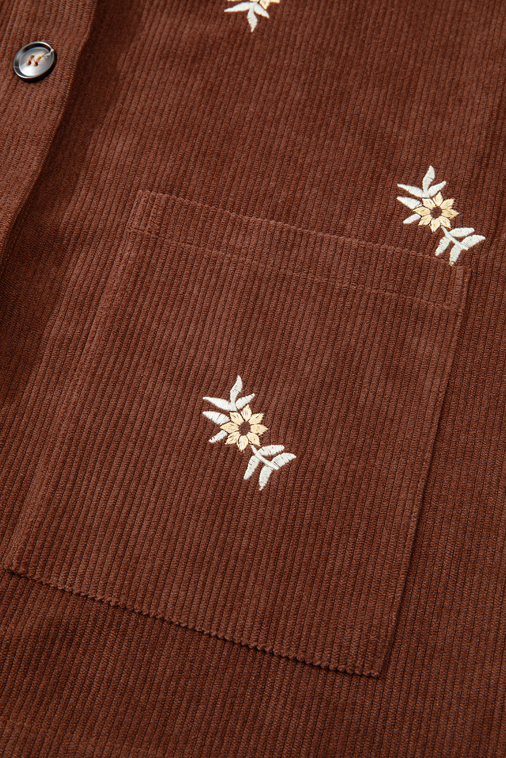 Coffee Corduroy Floral Embroidered Button Front Jacket
