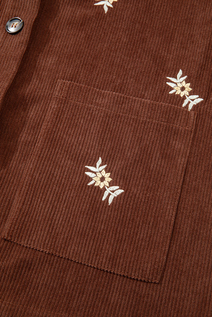 Coffee Corduroy Floral Embroidered Button Front Jacket