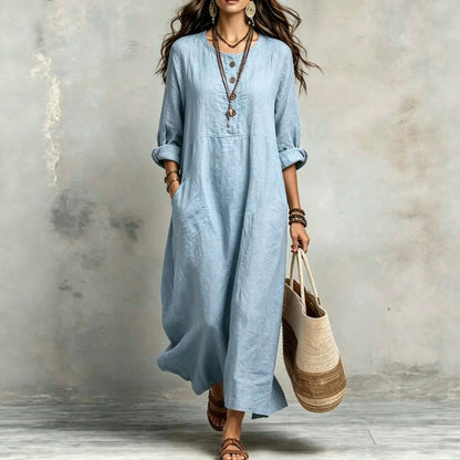Women's Cotton Linen Maxi Dress Long Sleeve with Pockets