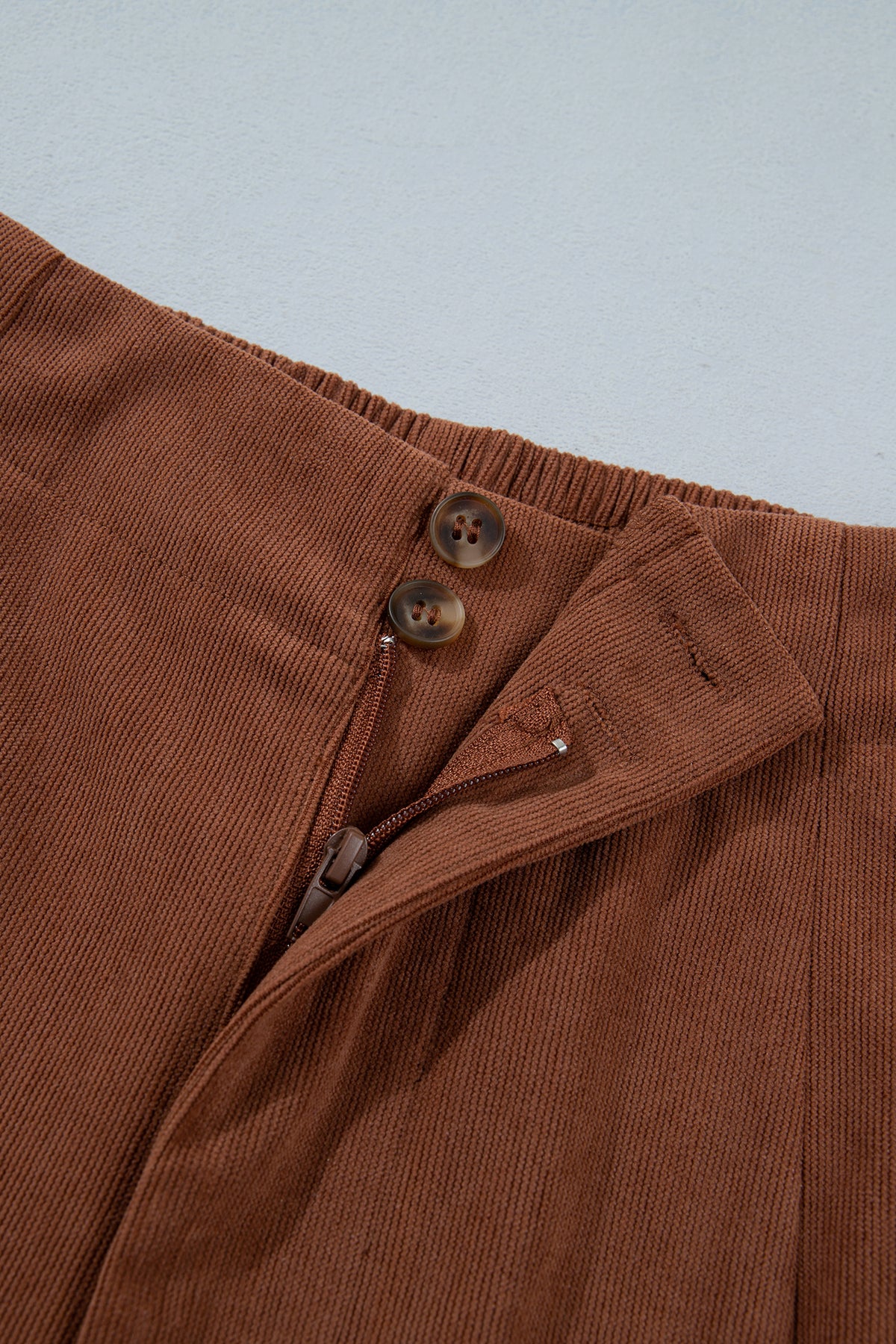 Coffee Elastic Waist Straight Leg Ankle Length Corduroy Pants