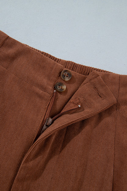 Coffee Elastic Waist Straight Leg Ankle Length Corduroy Pants