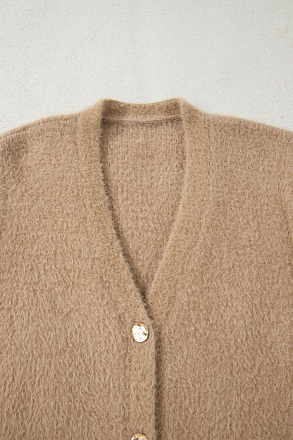 Soft Fuzzy Button Front Long Knit Cardigan with Pockets