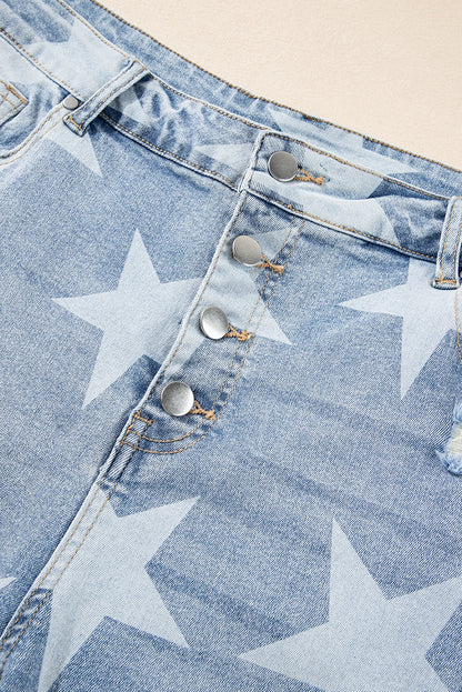 Star Printed Multi Buttons Slit Knee Destroyed Plus Size Jeans