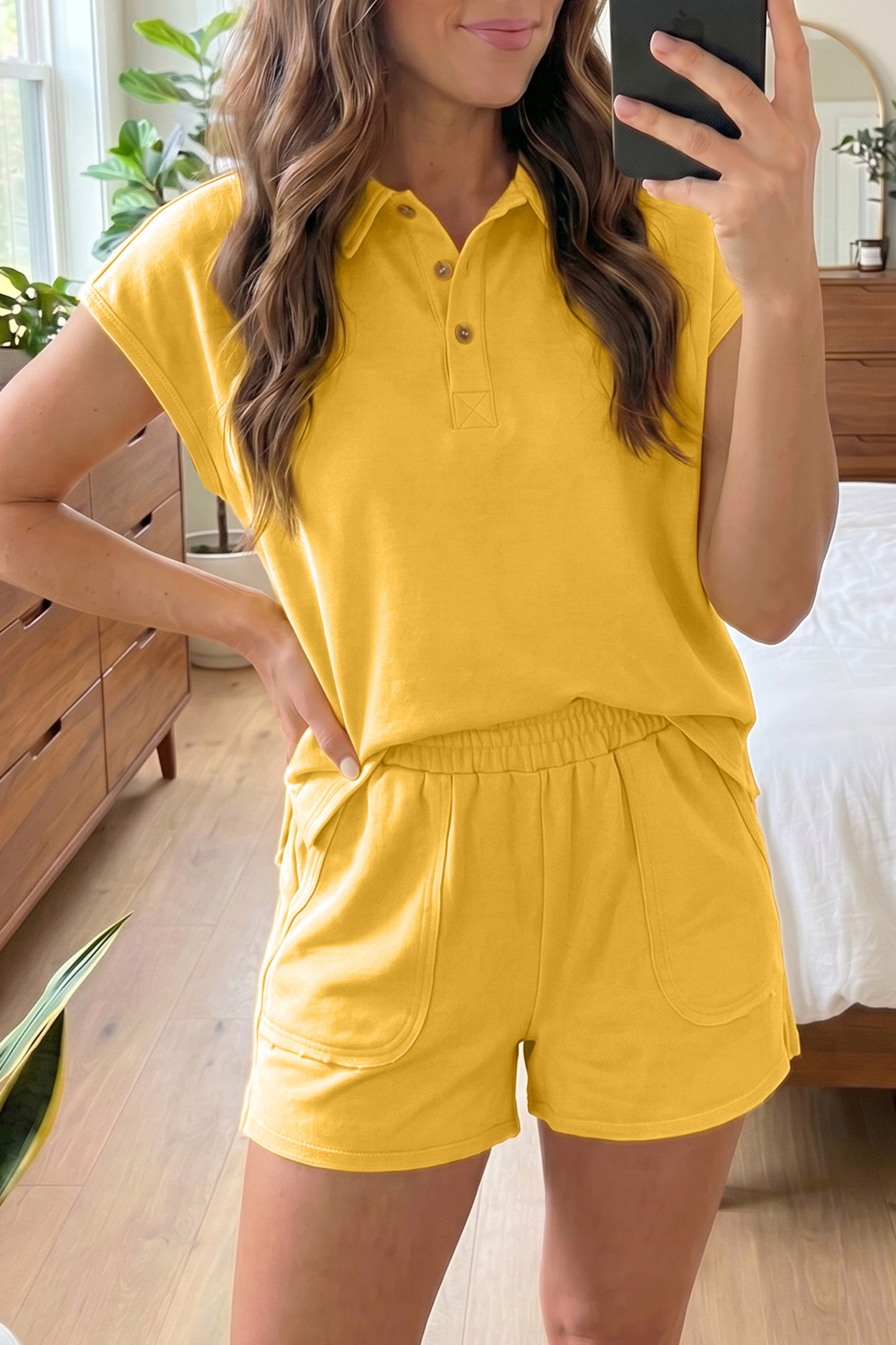 Polo Collar Lounge Set Loose Top and Shorts Outfit