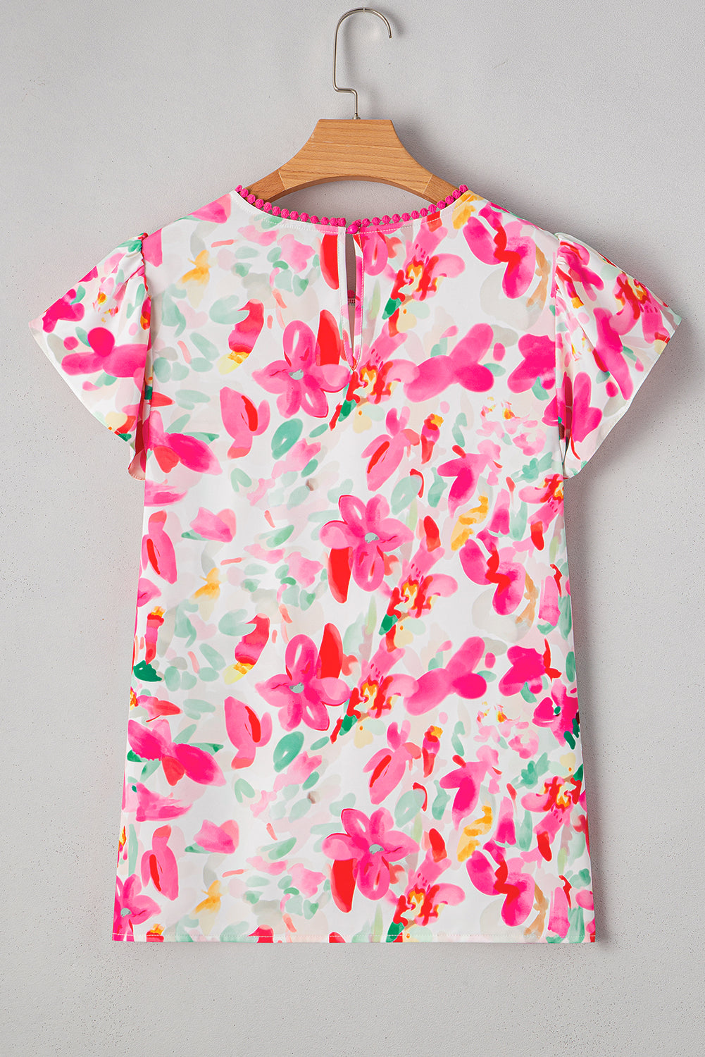 Rose Floral Flutter Sleeve Round Neck Casual Blouse