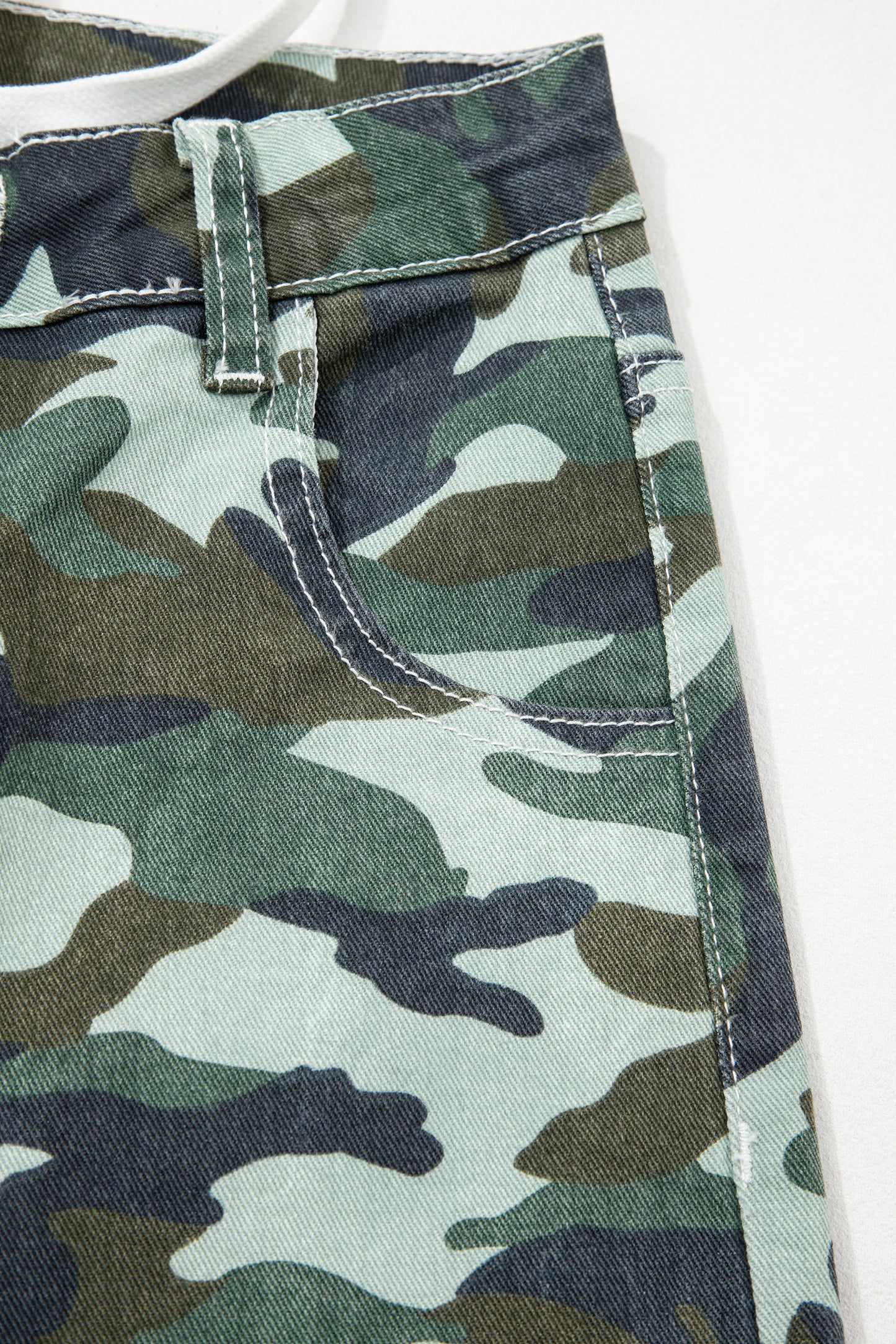 Green Camo Print Wide Leg Drawstring Denim Pants
