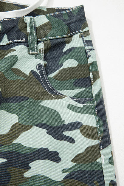 Green Camo Print Wide Leg Drawstring Denim Pants