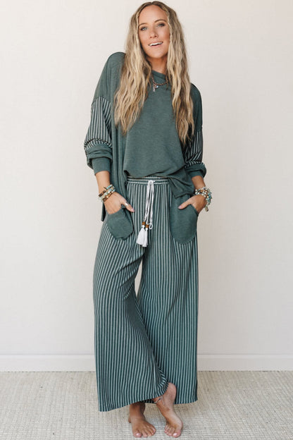 Women’s Stripe 2 Piece Lounge Set Long Sleeve Top Wide Leg Pants