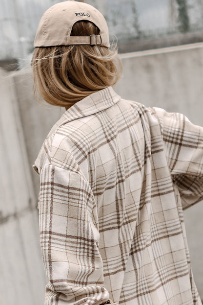Neutral Khaki Plaid Oversized Shacket with Removable Hood