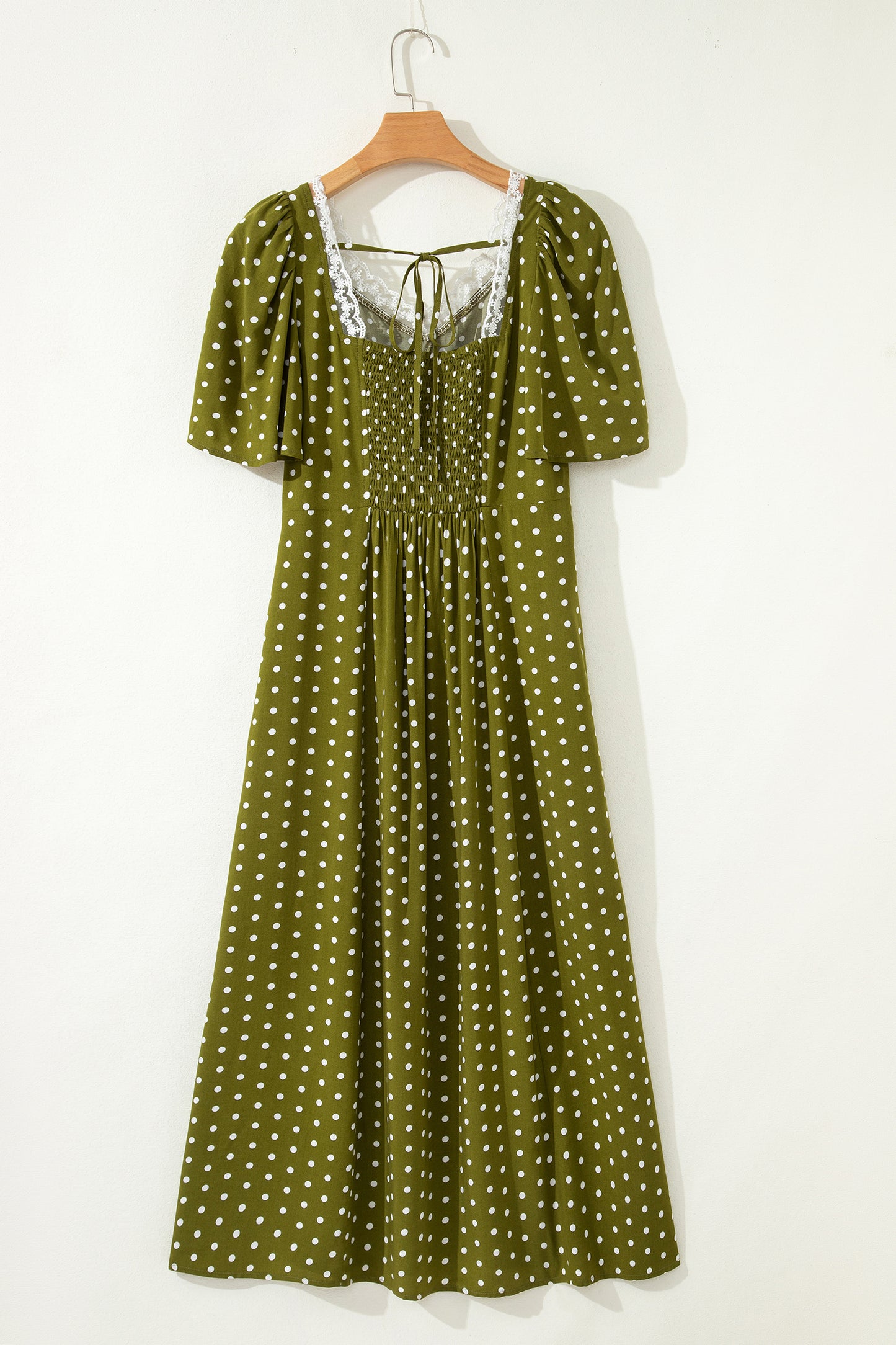 Green Polka Dot Lace Trim Smocked Maxi Dress