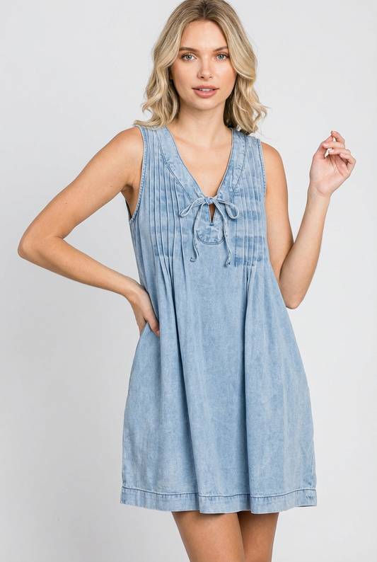 Washed Denim Tie Front V Neck Mini Dress with Pockets