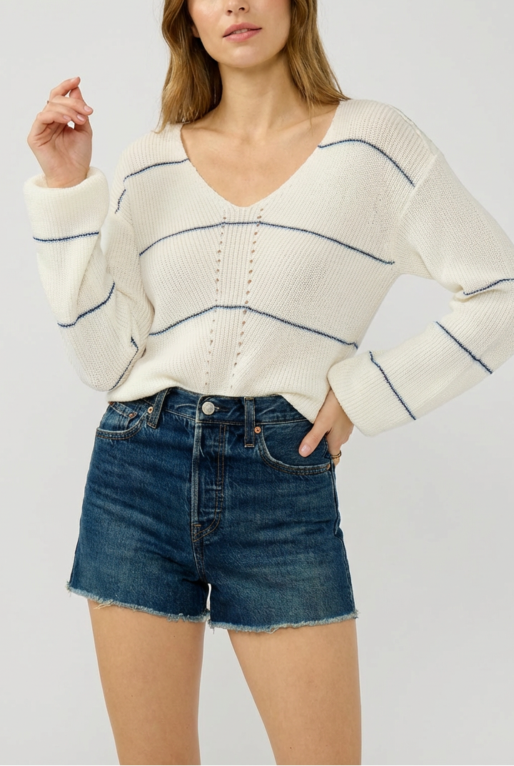 Lightweight Stripe V Neck Knit Sweater Casual Top