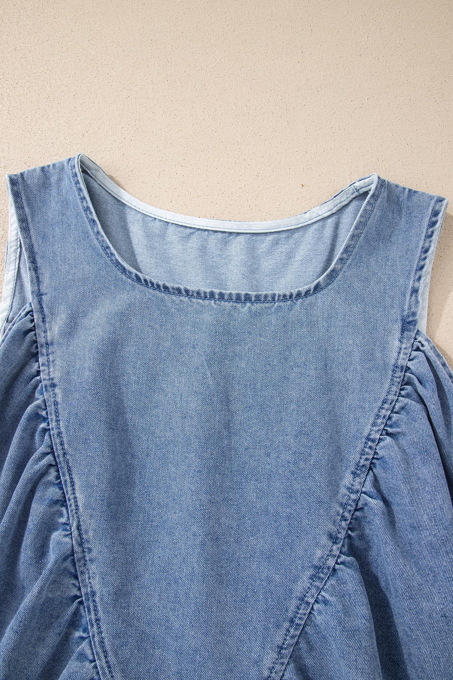 Washed Denim Ruffle Panel Babydoll Sleeveless Top
