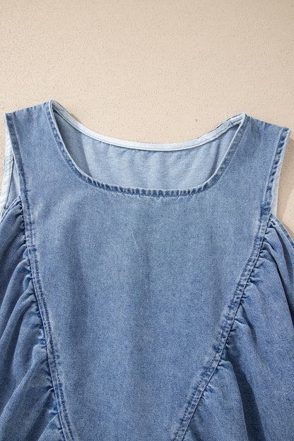 Washed Denim Ruffle Panel Babydoll Sleeveless Top