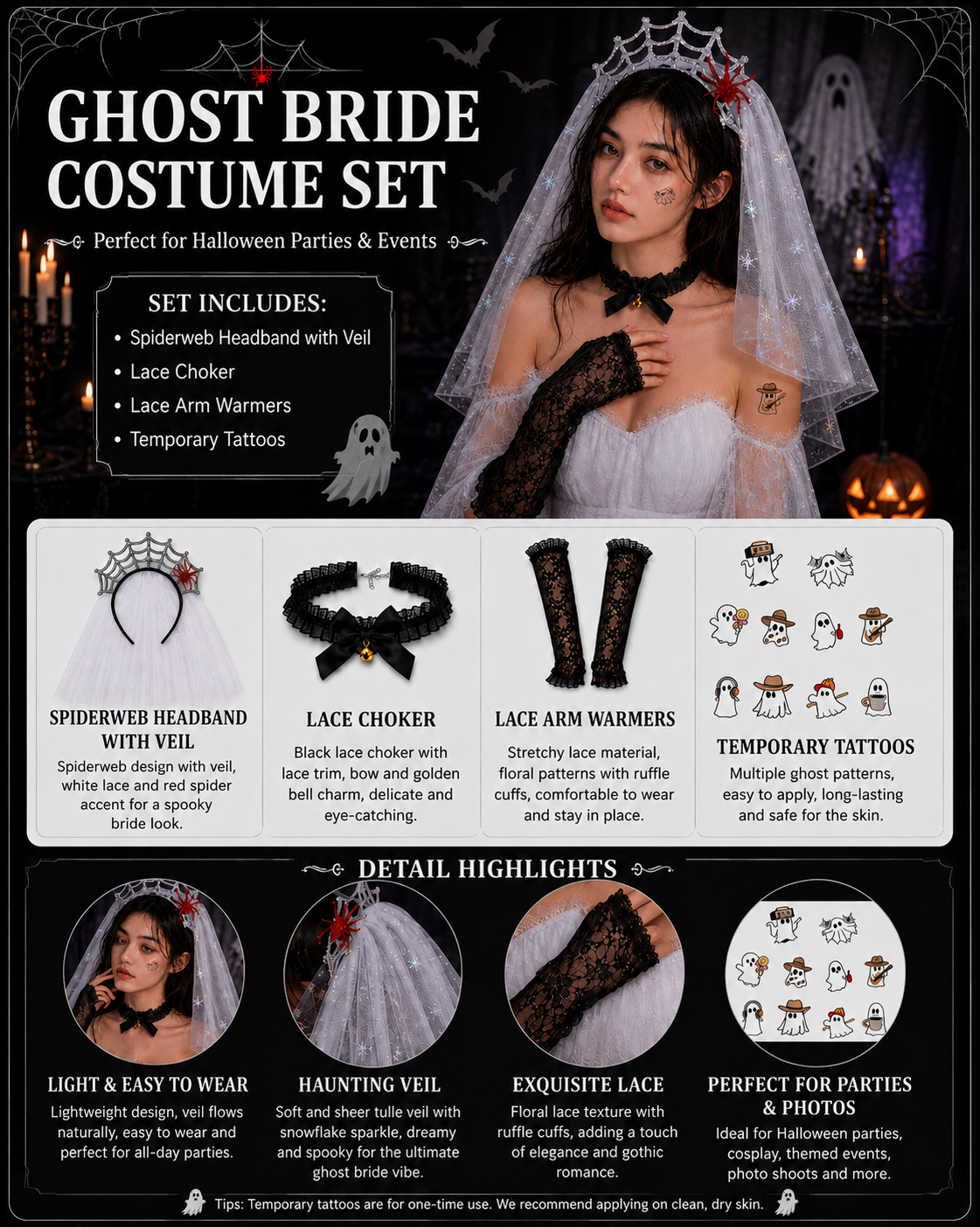 Ghost Bride Halloween Costume Set Veil Choker Gloves