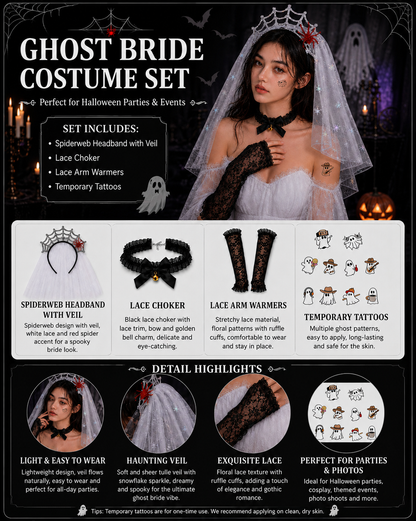 Ghost Bride Halloween Costume Set Veil Choker Gloves