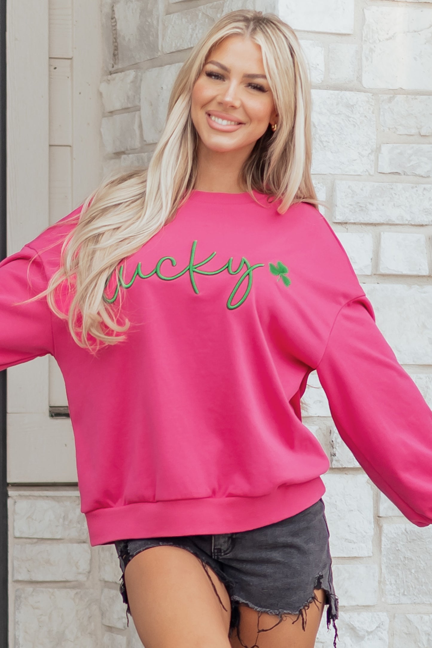 Rose Red St Patrick’s Lucky Clover Embroidered Sweatshirt