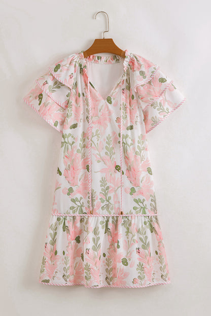 Sky Blue Floral Ruffle Sleeve Tie Neck Mini Dress