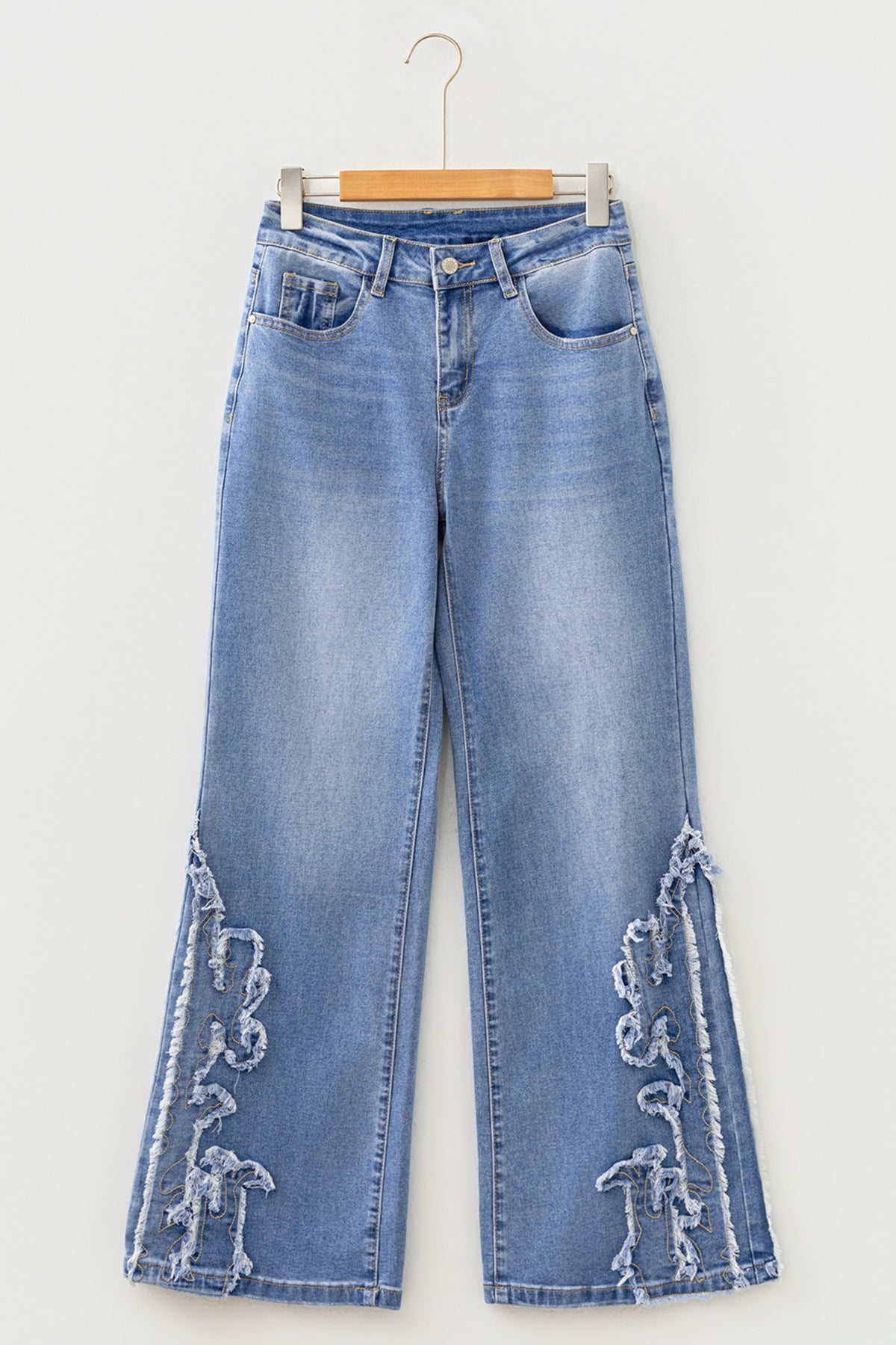 Western Embroidered Flare Jeans Frayed Hem Bootcut Denim