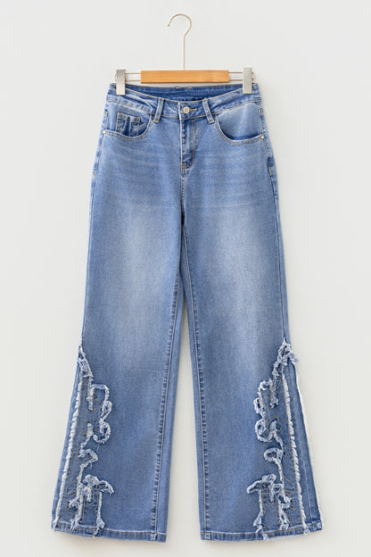 Western Embroidered Flare Jeans Frayed Hem Bootcut Denim