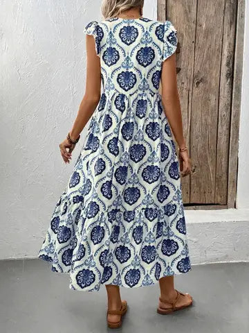 Boho V-Neck Sleeveless Maxi Dress with Floral Print
