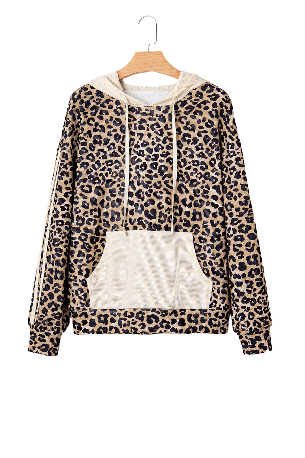 Leopard Print Waffle Knit Contrast Hoodie with Kangaroo Pocket