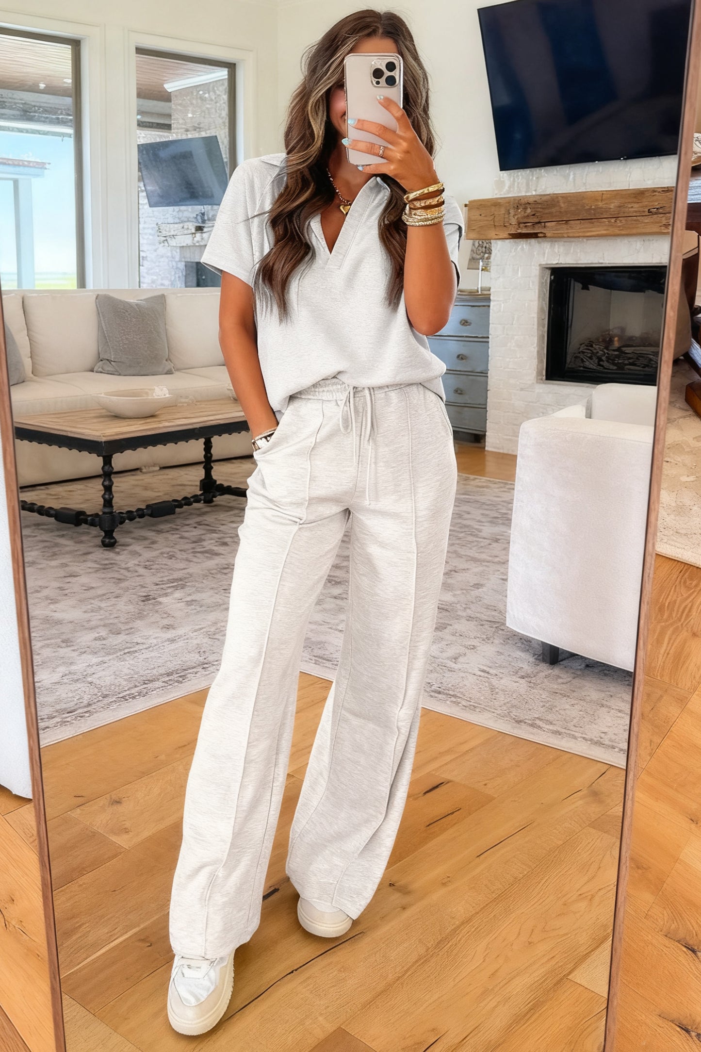 Light Grey Polo Tee & Drawstring Casual Pant Set – Sporty Chic