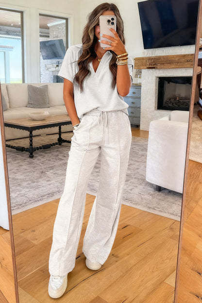 Light Grey Polo Tee & Drawstring Casual Pant Set – Sporty Chic