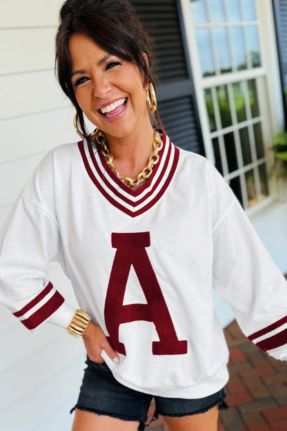 Varsity Letter A Graphic V Neck Striped Game Day Sweatshirt