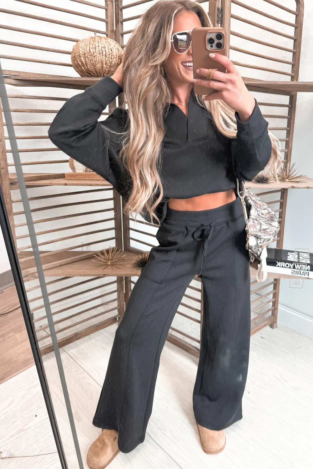 V Neck Collared Sweatshirt and Sweatpants Lounge Set