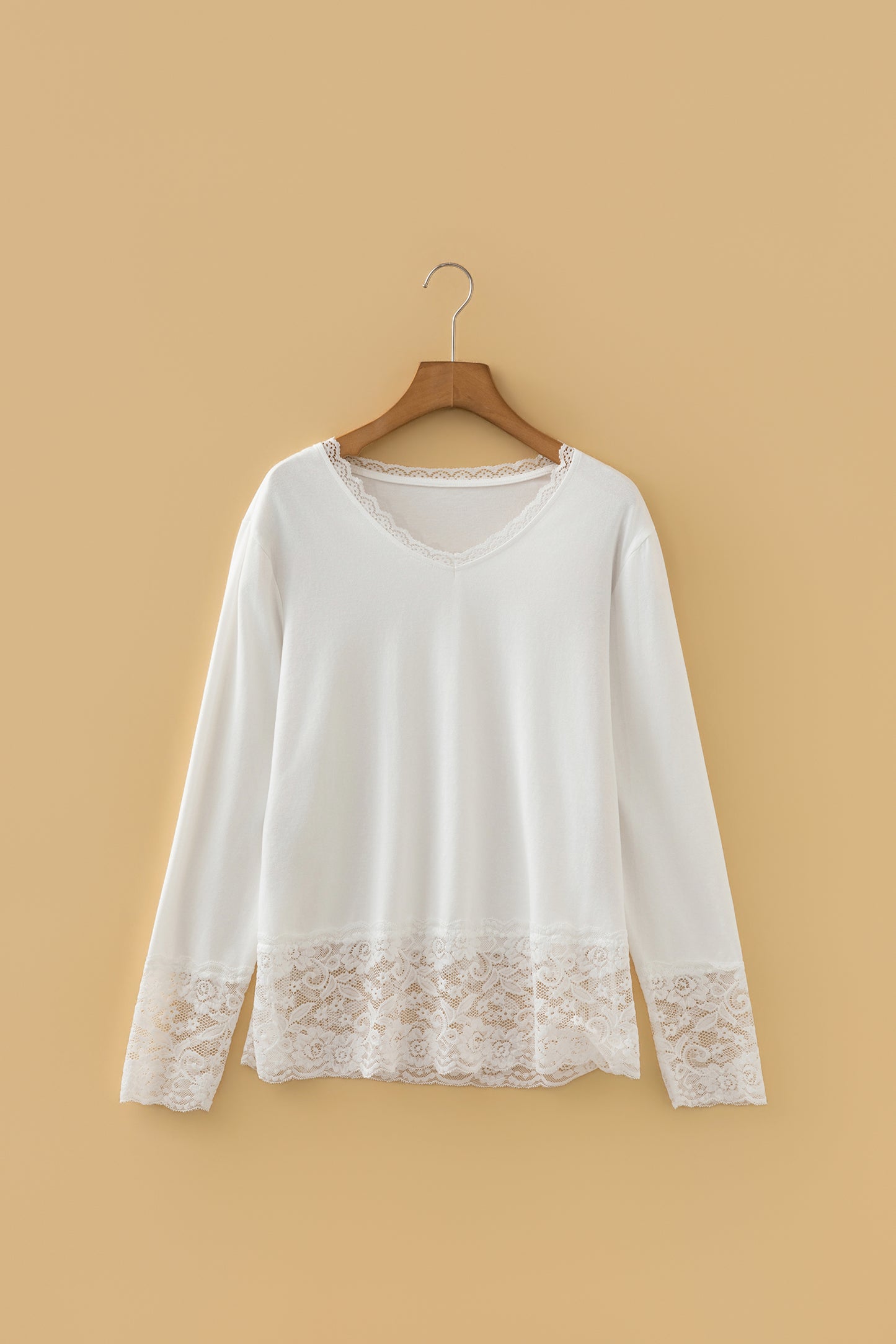 White V Neck Lace Trim Long Sleeve Soft Casual Top