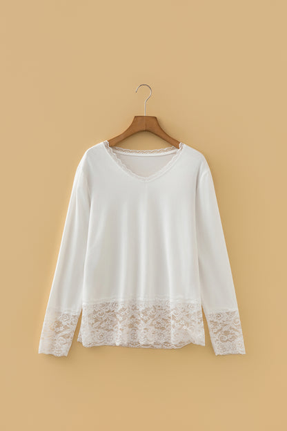 White V Neck Lace Trim Long Sleeve Soft Casual Top