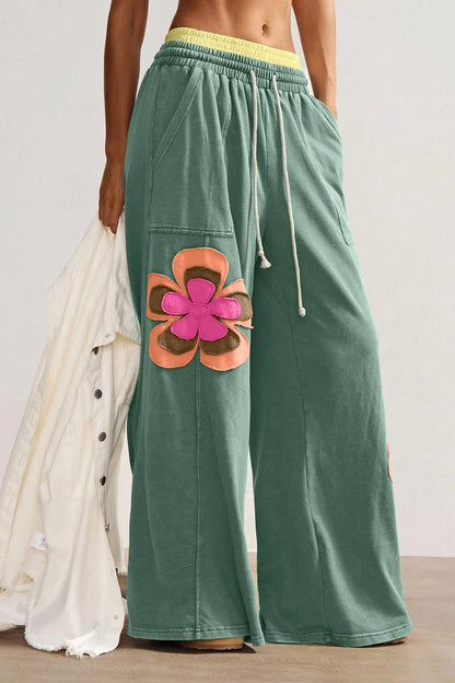Color Block Floral Patch Wide Leg Pants Drawstring Waist